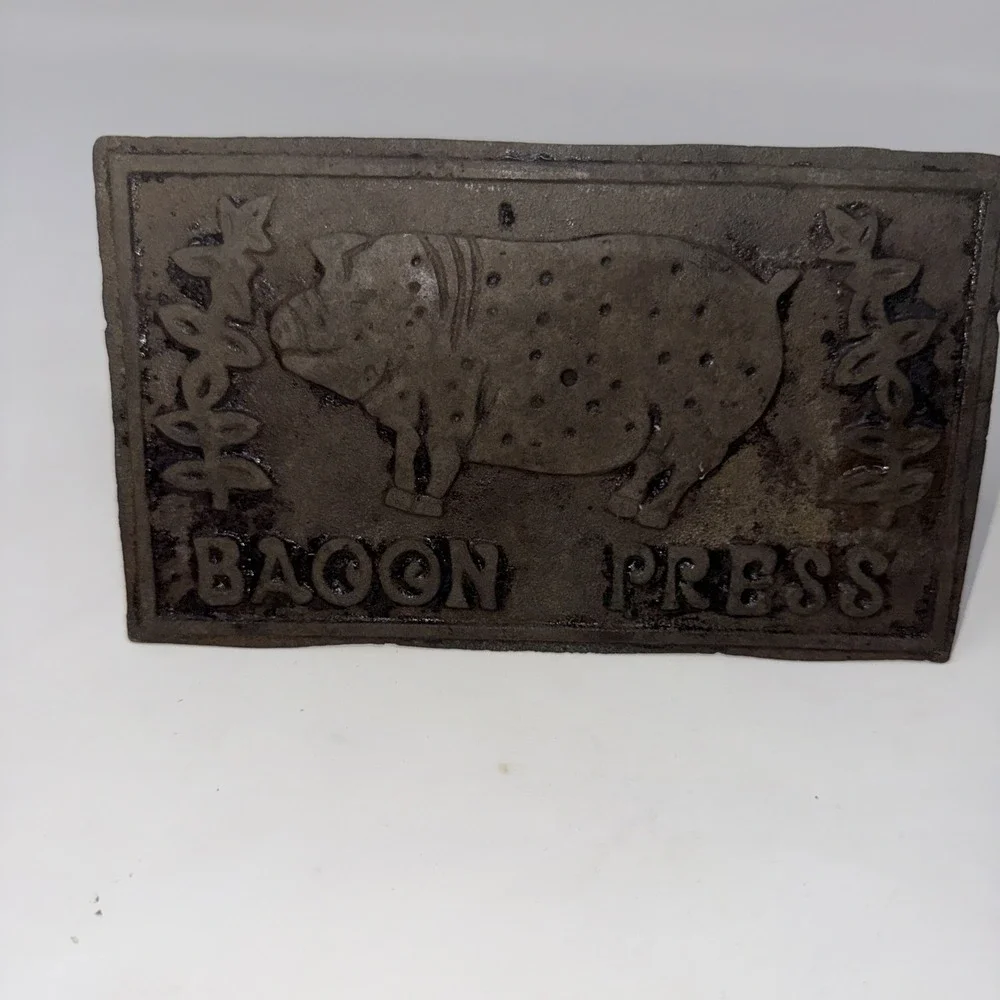 Vintage Cast Iron Bacon Press Wood Handle Embossed Pig 7X4 Inch Residue Areas